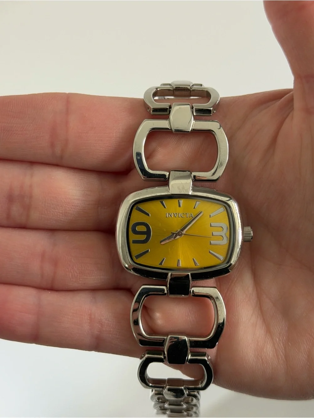 Vintage Invicta Silver Watch with Yellow Dial